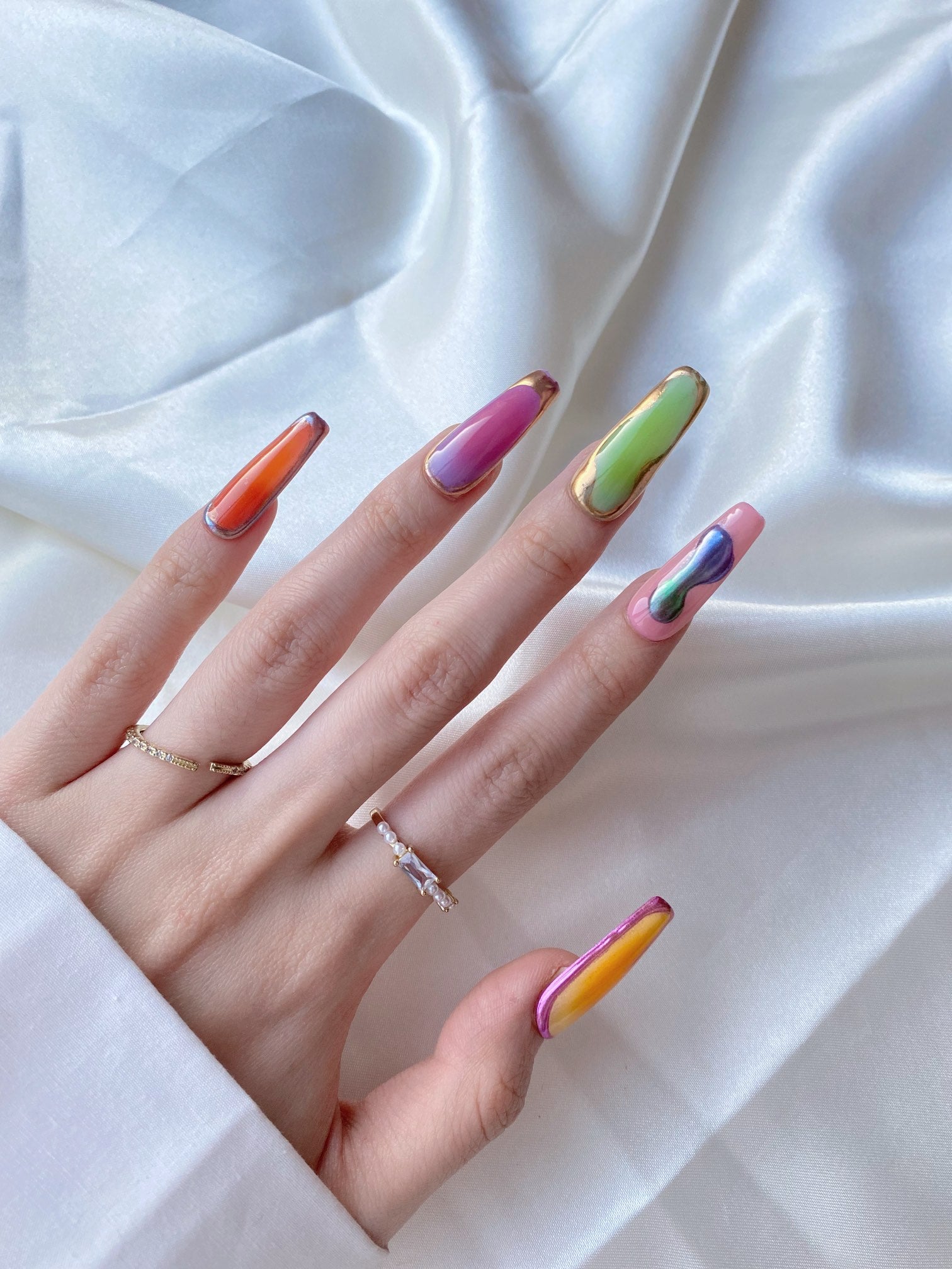 Metallic style multi-color block manicure