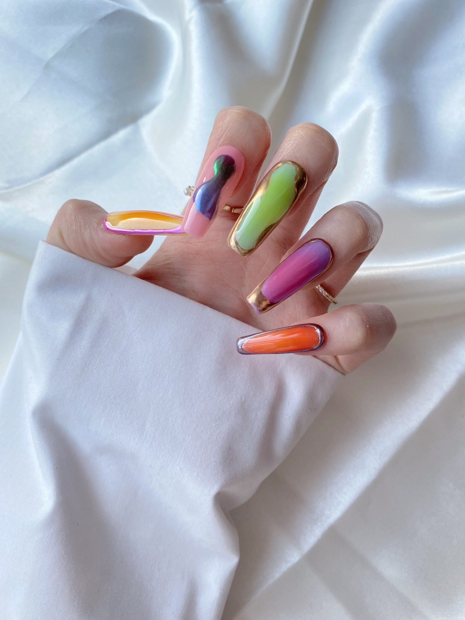 Metallic style multi-color block manicure