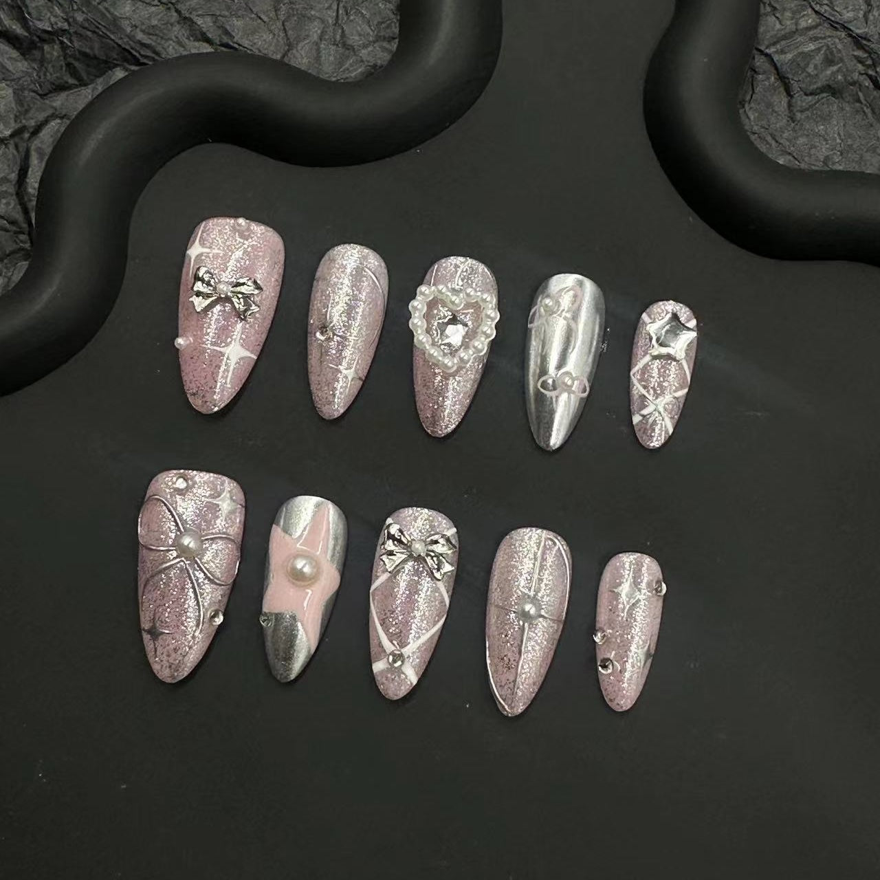 Silver pink heart relief nail art