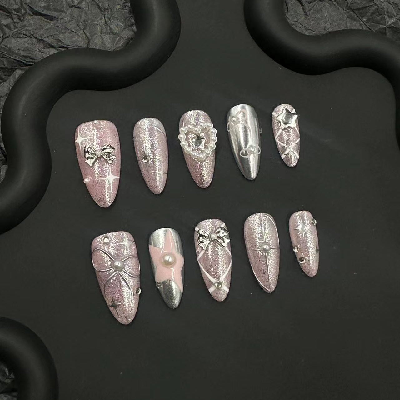 Silver pink heart relief nail art