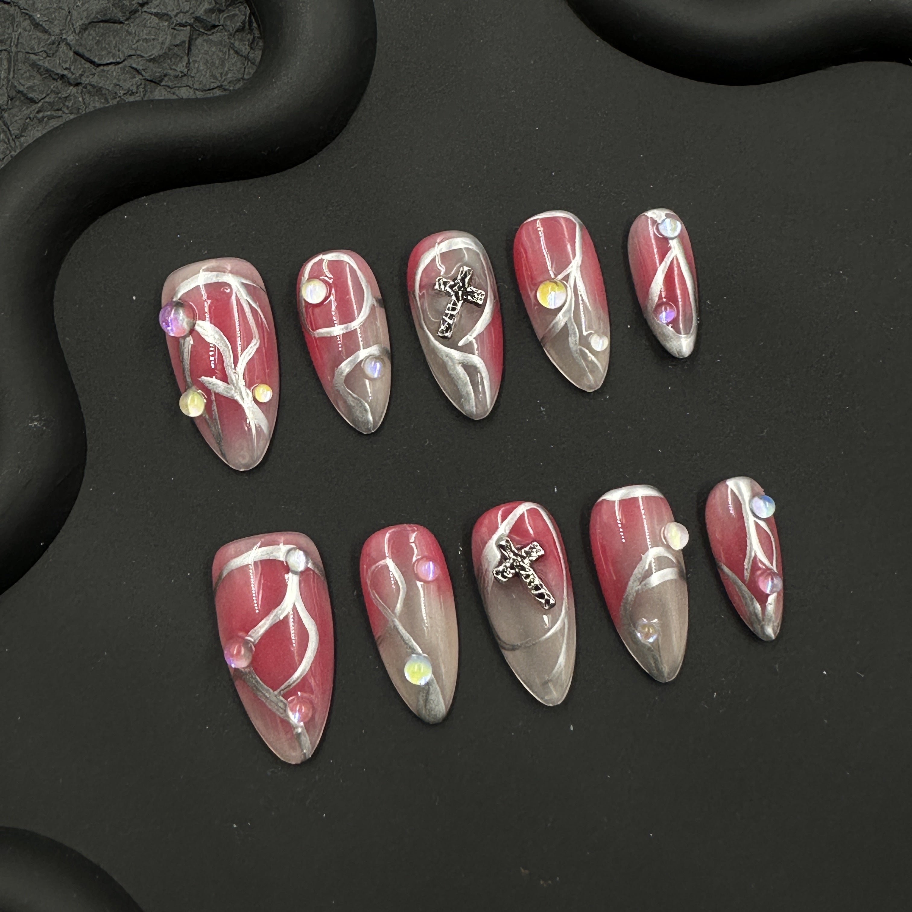 Cherry red silver embossed nail art