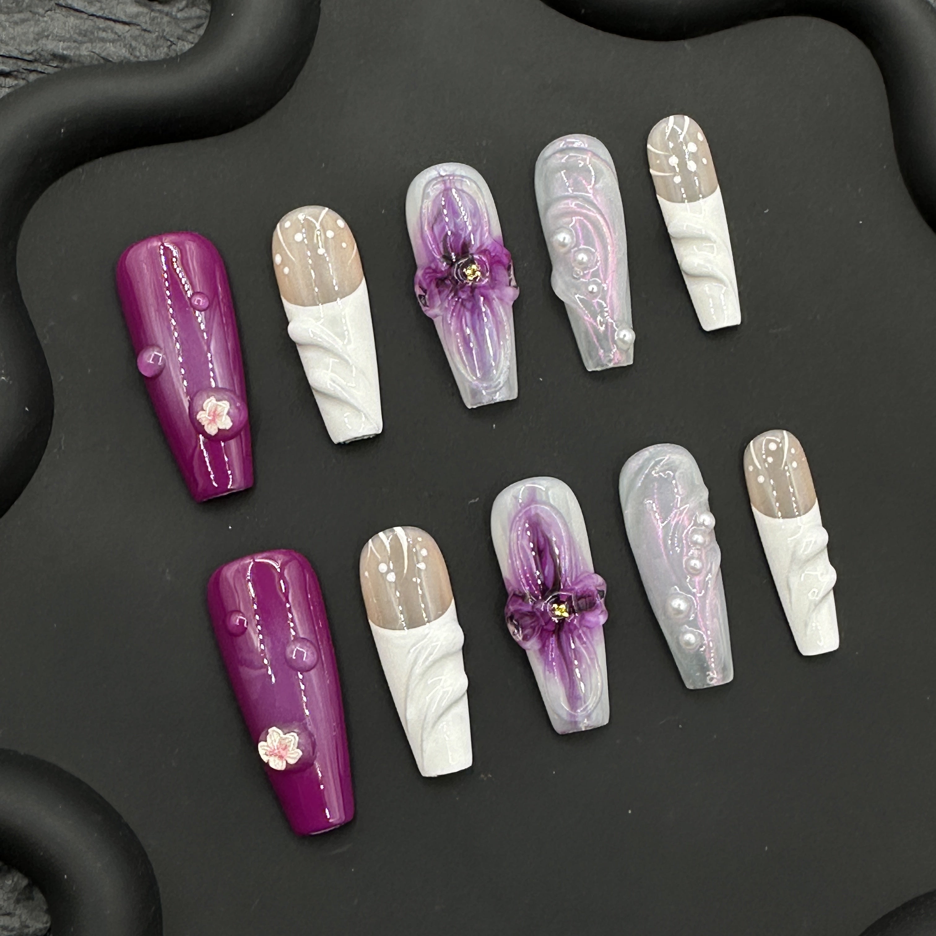 Purple floral hand-painted embossed manicure