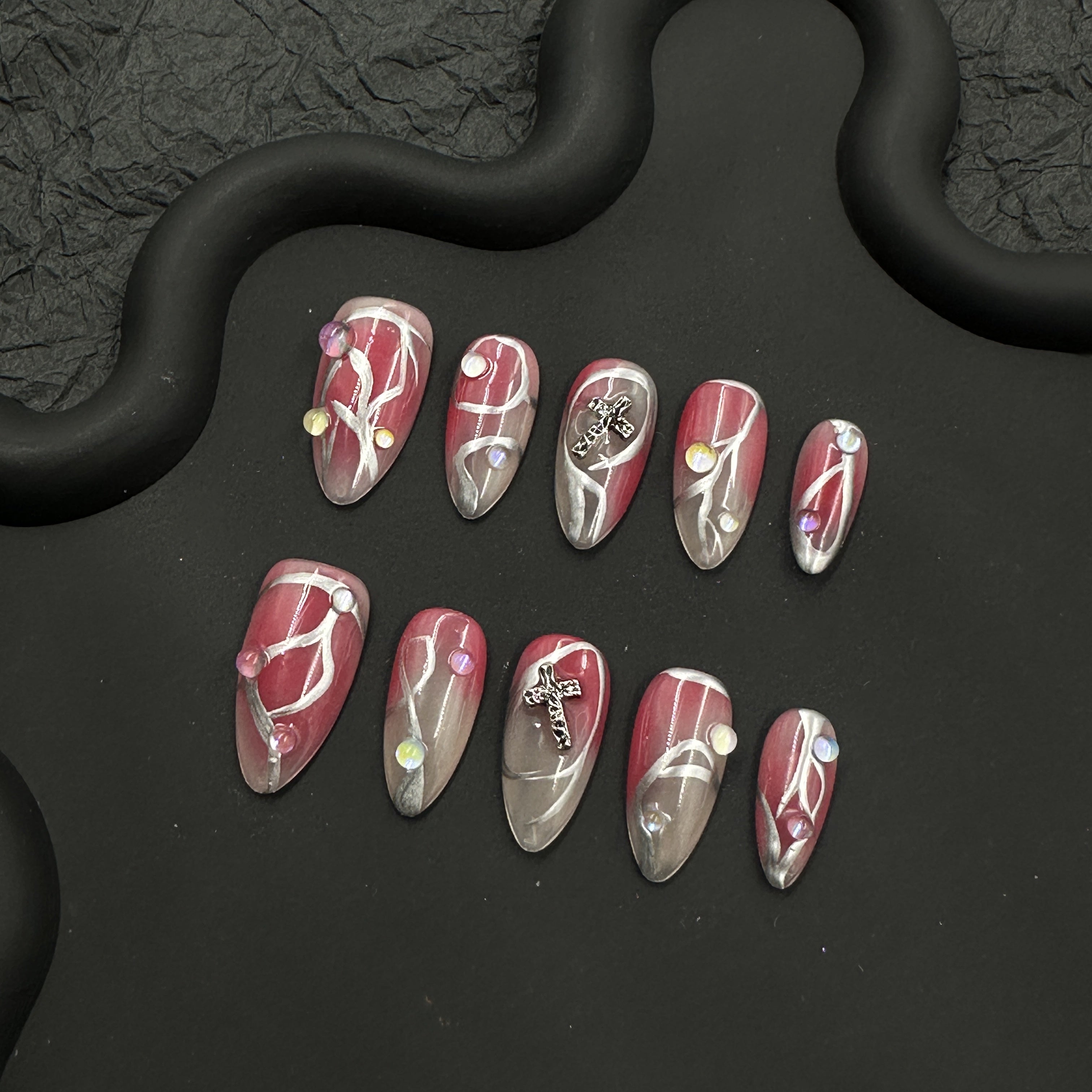 Cherry red silver embossed nail art